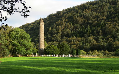 stone tower in Glendalough - early Medieval monastic settlement near Dublin in Ireland