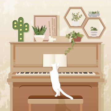Cute White Cat and Wooden Piano with Minimal Plant Decoration in the Living room 