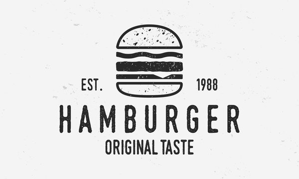 Hamburger vector logo template. Vintage burger cafe logo with grunge texture. Trendy vintage design.