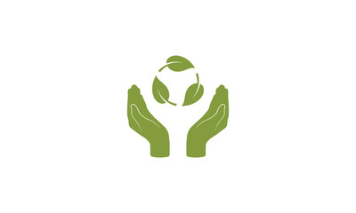 Hands with three leaves in circle form. Bio recyclable icon. Biodegradable products concept. Eco recycle sign. Vector illustration - obrazy, fototapety, plakaty