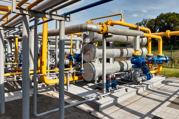 Gas industry, gas transport system. Gas pipeline. Gas pipes, stop valves and appliances for gas pumping station