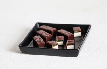 Souffle, jelly, souffle in chocolate, candy, chocolate candy with souffle, dessert, dessert in chocolate, fruit jelly, light background, sweets, Goodies, Goodies, loose, piece dessert, food, sweet foo