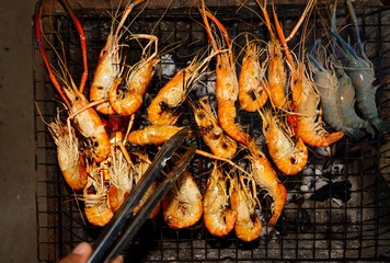 grilled shrimp, food concept in Thailand of Asian