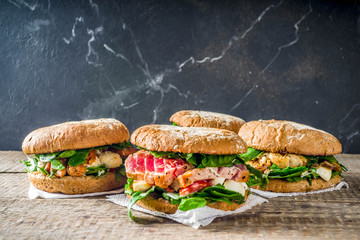 Various seafood and fish burgers assortment