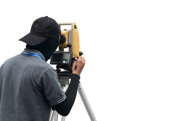 Surveyor Engineer working with theodolite transit equipment (total station tool) on white...