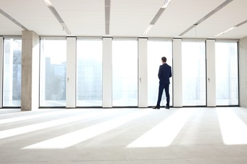 Rear view of young businessman looking through office window