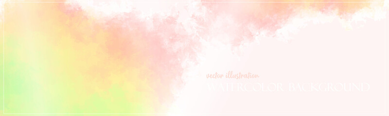 Fototapeta na wymiar Rainbow watercolor background. Colorful texture banner with free copy space for your graphic design or text. Vector illustrator. Ethereal colors. Subtle and delicate surface. 
