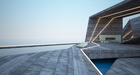 Fototapeta premium Abstract architectural concrete interior of a modern villa on the sea with swimming pool and neon lighting. 3D illustration and rendering.