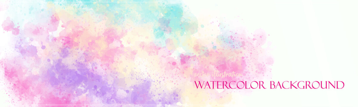 Rainbow watercolor background. Colorful texture banner with free copy space for your graphic design or text. Vector illustrator. Ethereal colors. Subtle and delicate surface. 