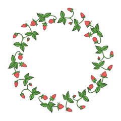 Round frame made of wild strawberry. Romantic wreath on white background for your design.