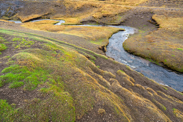 Ketubjorg bird cliffs in the Skagi peninsula. Creek used as leading lines. Shapes, texture and pattern in the Icelandic nature concept.