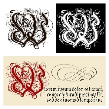 Decorative Gothic Letter W. Uncial Fraktur calligraphy.