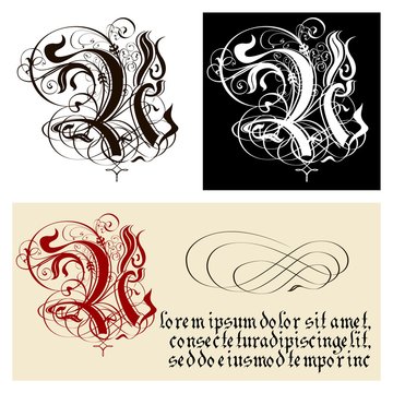 Decorative Gothic Letter U. Uncial Fraktur calligraphy.