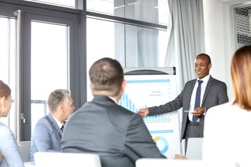 Young businessman giving presentation to colleagues in board room