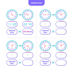 Naklejka premium Elapsed time and Telling time worksheet for kids. Understanding the clock time. Educational Game Set. Math game. 