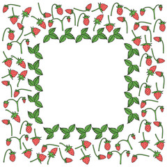 Square frame made of wild strawberries and its green leaves. Vector berries on white background for your design.