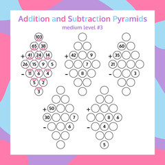 Addition and Subtraction Pyramid Set. Educational Math Game Worksheet. Mathematics puzzle. 