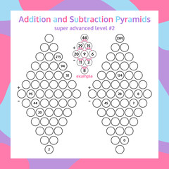 Addition and Subtraction Pyramid Set. Educational Math Game Worksheet. Mathematics puzzle. 
