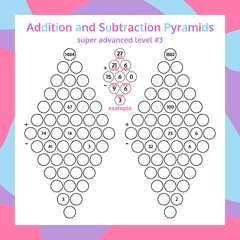 Addition and Subtraction Pyramid Set. Educational Math Game Worksheet. Mathematics puzzle. 