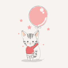 Vector hand drawn illustration of a cute baby kitten with a balloon.