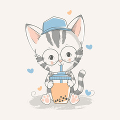 Vector hand drawn illustration of a cute baby kitten with a ice tea.