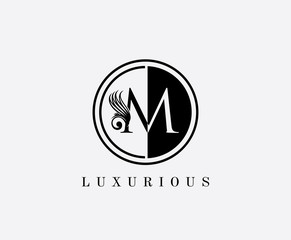 M Letter Classic Floral Logo. Luxury M Swirl Circle Logo Icon