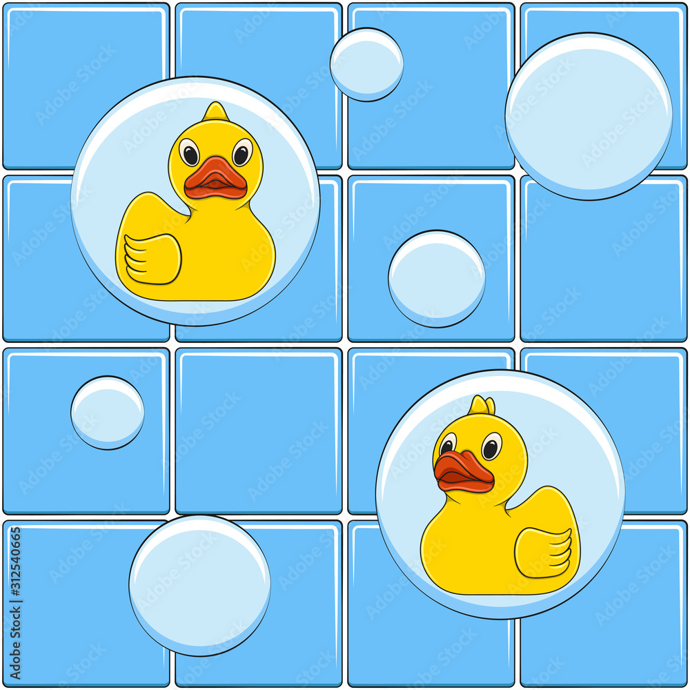 Poster colored vector background with yellow ducks and bubbles. seamless pattern.