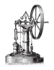 Old steam engine / vintage illustration from Brockhaus Konversations-Lexikon 1908