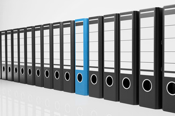 large row of black office folders with one blue binder, conceptual archive 3D Illustration