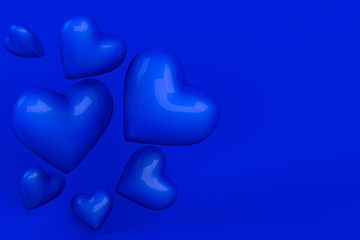 3d rendering of Valentine's Day, concept. Different sized blue hearts flying on blue background Mother's Day or Women's Day postcard, greeting card with copy space.