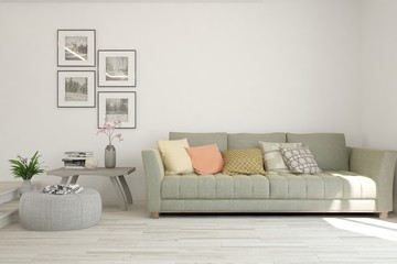 Stylish room in white color with sofa. Scandinavian interior design. 3D illustration