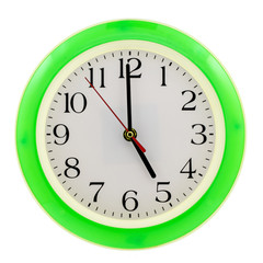 Clock with green round frame on white isolated background shows 5 (17) hours_