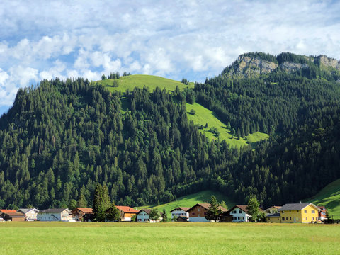 Alpine mountains Nollen and Stock above the Sihltal valley and artifical Lake Sihlsee, Studen - Canton of Schwyz, Switzerland
