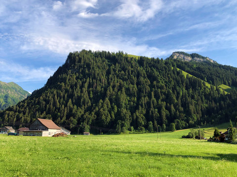 Alpine mountains Nollen and Stock above the Sihltal valley and artifical Lake Sihlsee, Studen - Canton of Schwyz, Switzerland