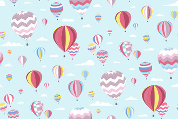 Hot air balloons Seamless pattern. Creative print in light (pastel) colors. Perfect template for Wallpaper, children's interior design, fabrics, banners, posters, postcards... Vector illustration.
