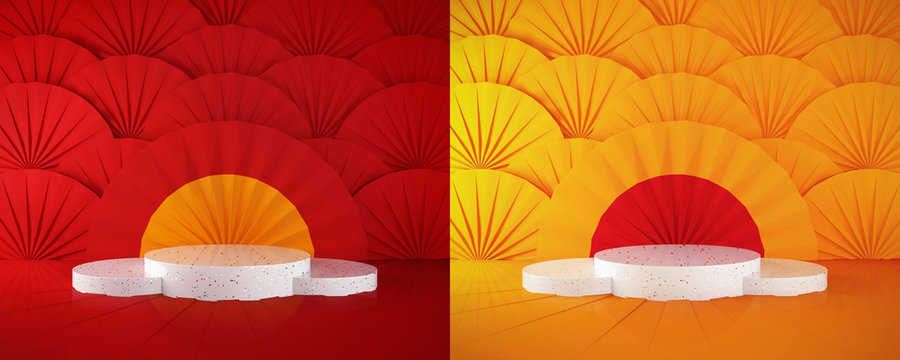 White podium on yellow and red fan pattern background.Oriental fan concept.3D render.