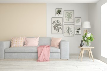 Stylish room in white color with sofa. Scandinavian interior design. 3D illustration