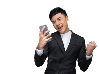 Handsome businessman feel excited while holding mobile phone with a fist in the other hand on white background with clipping path