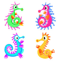 Cute Cartoon Sea Horse Underwater Set Of Four Vector Illustration