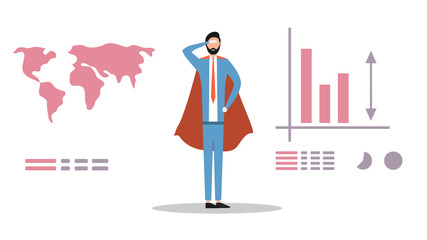 Super businessman or manager with a red cloak. Super worker stands next to a tables. Flat style