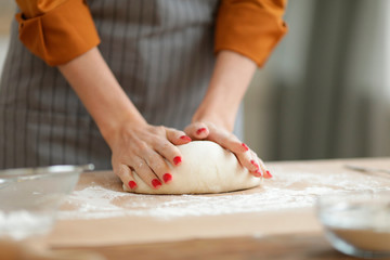 Closeup of unrecognizable woman kneading batter while baking homemade pastry on kitchen table, copy...