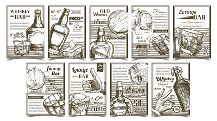 Whiskey Lounge Bar Advertising Posters Set Vector. Collection Of Different Creative Banners With Whiskey Bottle, Alcohol Drink And Ice Cubes Glass, Wooden Barrel, Man Hand Gesture Illustrations