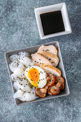 Bowl of Asian food with konnyaku