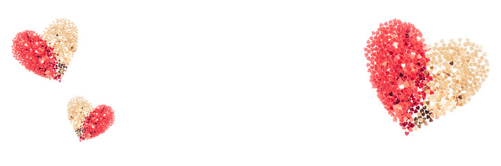 Banner with three double colored hearts. Golden and red valentines day concept.