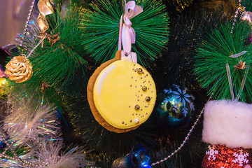 Close-up, Christmas tree decorated with toys. Christmas gingerbread decorates the holiday tree. Christmas background, holiday background. Winter, holiday, christmas.