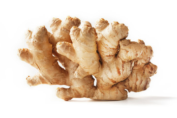 Fresh ginger root on a white background, isolate. Ginger pharmacy.