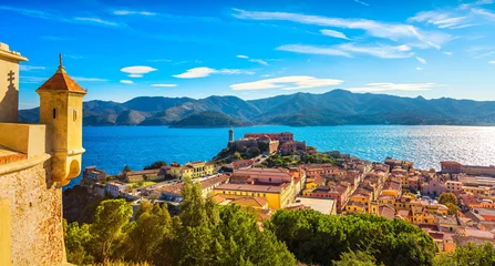 Fotobehang Toscane Elba island, Portoferraio aerial view from fort. Lighthouse and fort. Tuscany, Italy.  © stevanzz