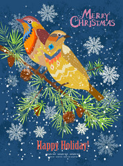 vintage card with couple of birds are looking away sitting on br