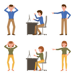 Angry, stressed, desperate office boy and girl vector illustration. Shouting, pointing finger, screaming, sitting at desk young male and female cartoon character set on white