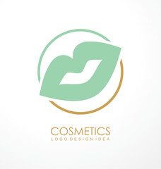 Cosmetic line logo design idea with mint green lips in line circle. Beauty and spa symbol or emblem template. Fashion or makeup products vector icon illustration.